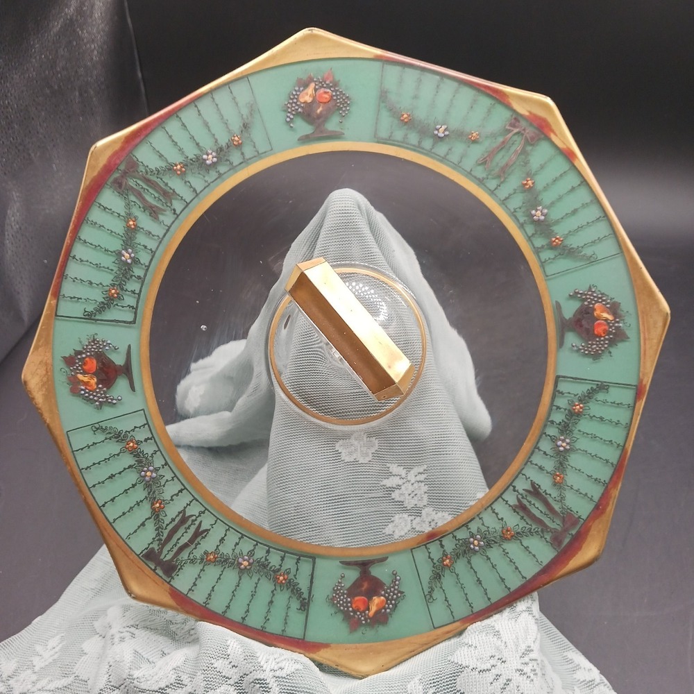 VTG Glass Center handled Cake Tray Green / Gold Rimmed Floral Enamel theme